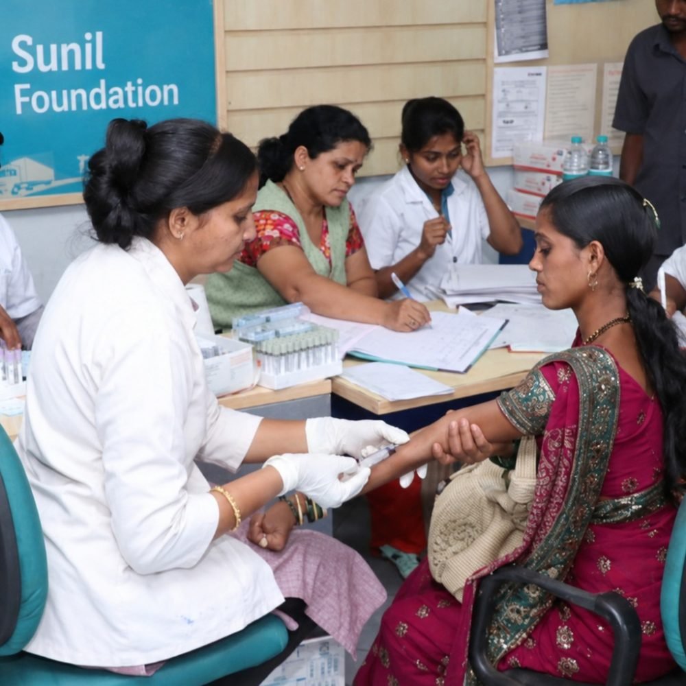 Women filling forms at a Sunil Foundation registration desk